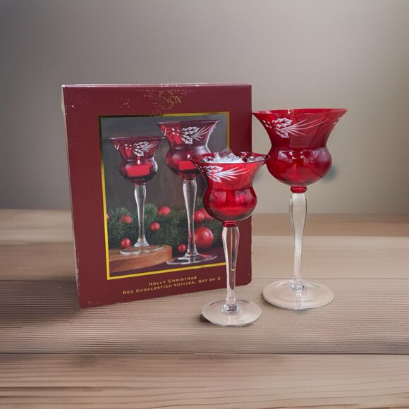 Lenox Holly Christmas Red Candlestick Votives Set Of 2 W/ Box, Etched Glassware - Picture 1 of 7
